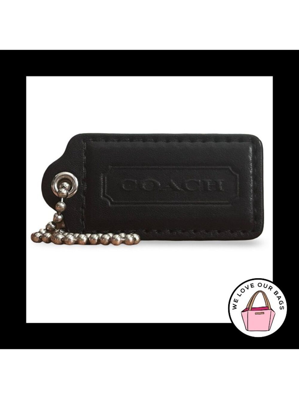COACH HANG TAG 2.5" Black Smooth Leather Bag Charm Keychain Fob Nickel Large